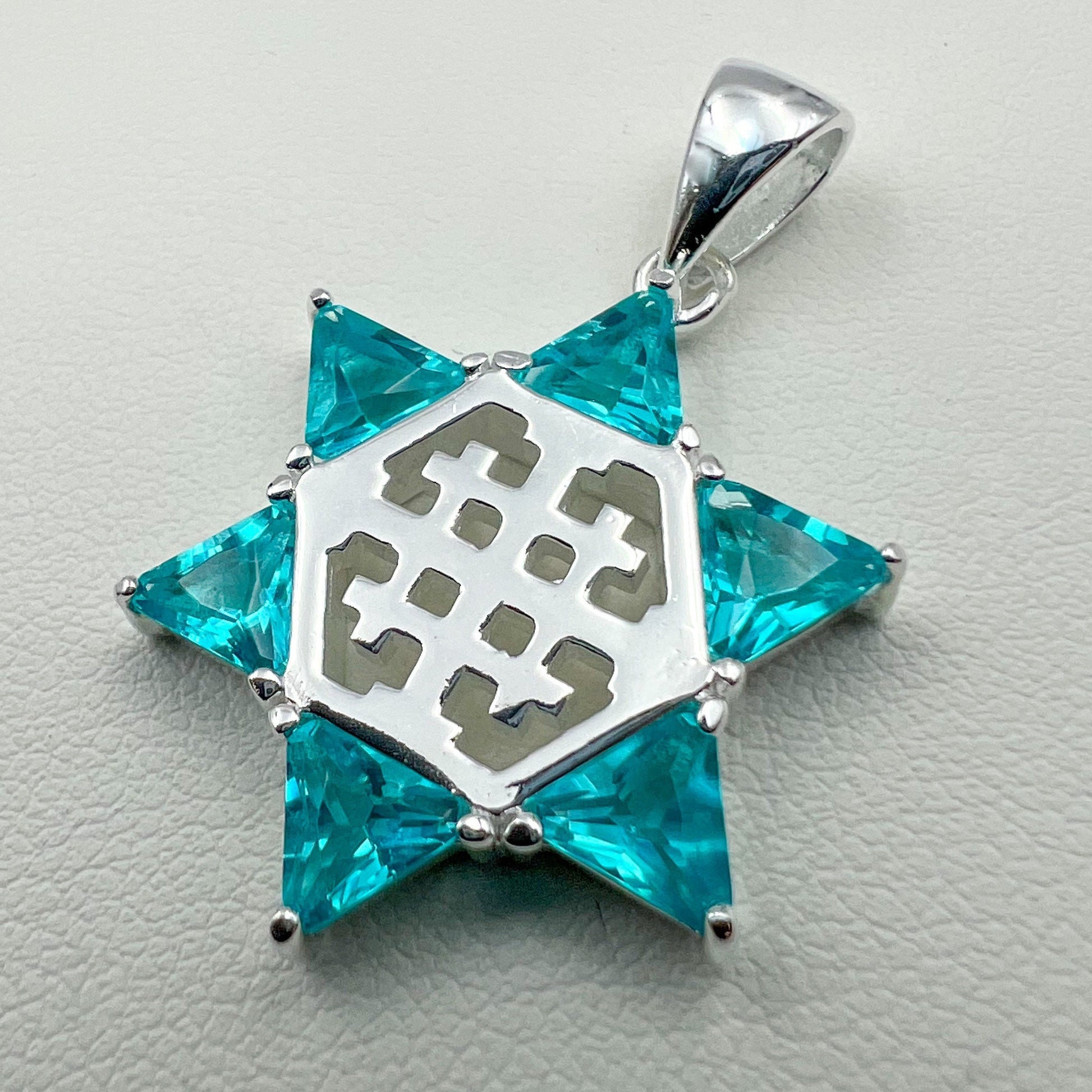 Aquamarine Star of David and Jerusalem Cross Pendant in Sterling Silver