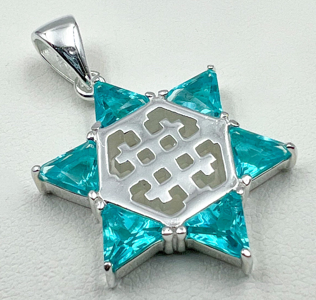 Aquamarine Star of David and Jerusalem Cross Pendant in Sterling Silver