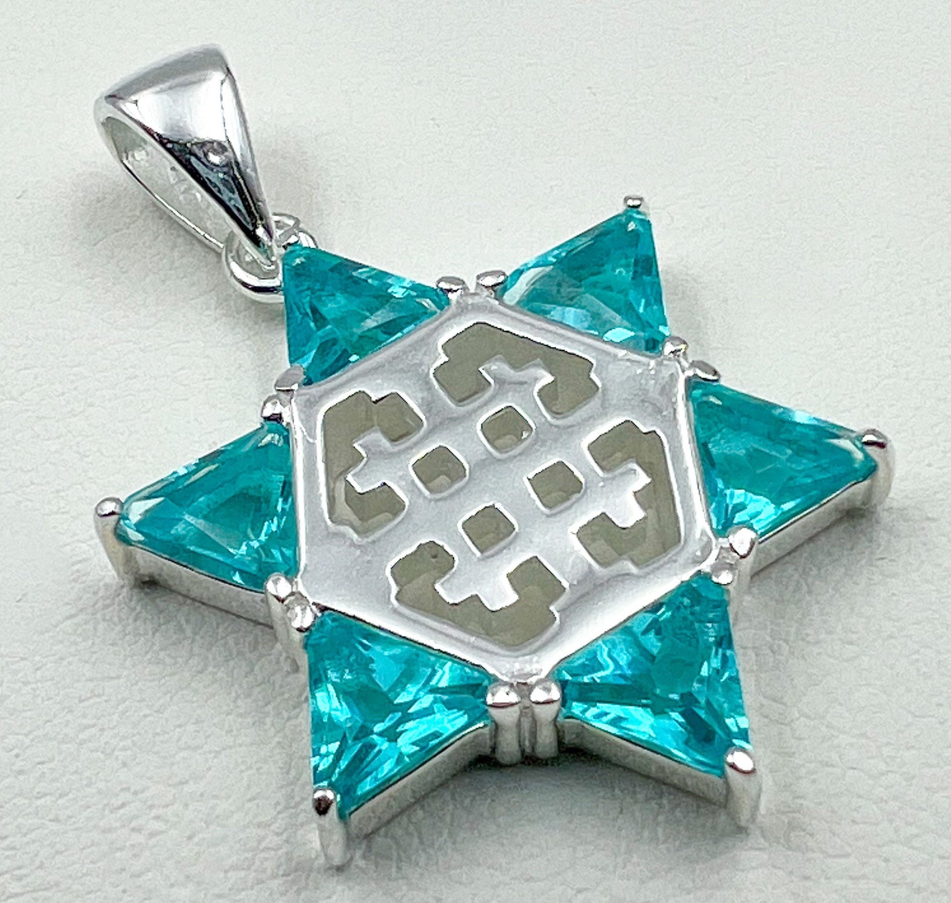 Aquamarine Star of David and Jerusalem Cross Pendant in Sterling Silver