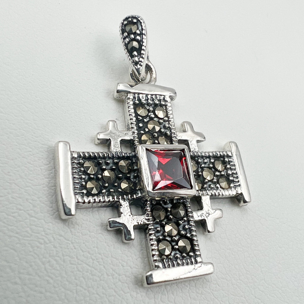 Garnet and Marcasite Jerusalem Cross Pendant in Silver 925