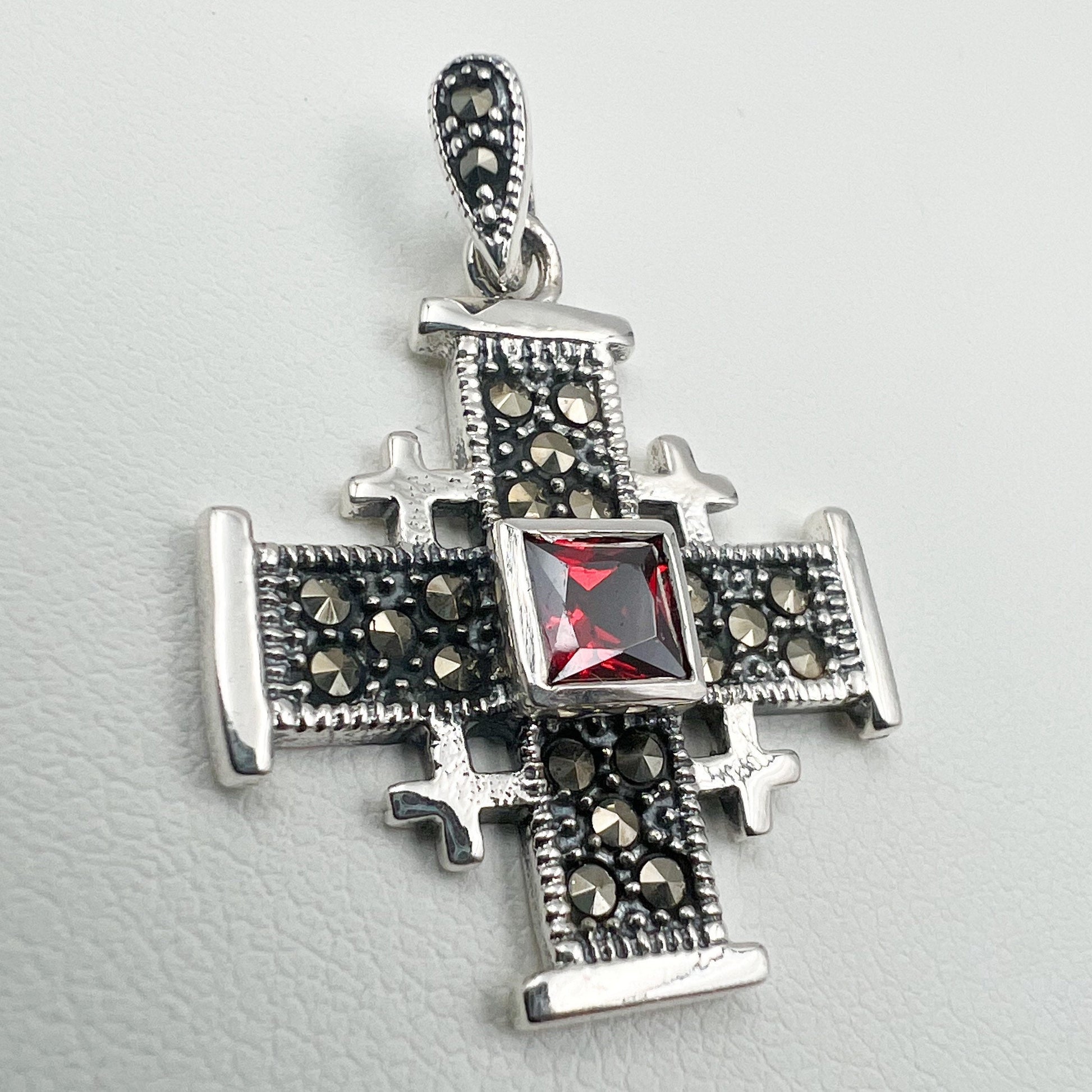 Garnet and Marcasite Jerusalem Cross Pendant in Silver 925
