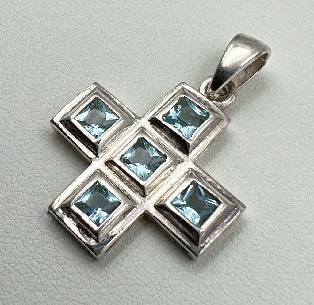 Sacred Serenity Cross Pendant in Sterling Silver with Aquamarine Sparkle