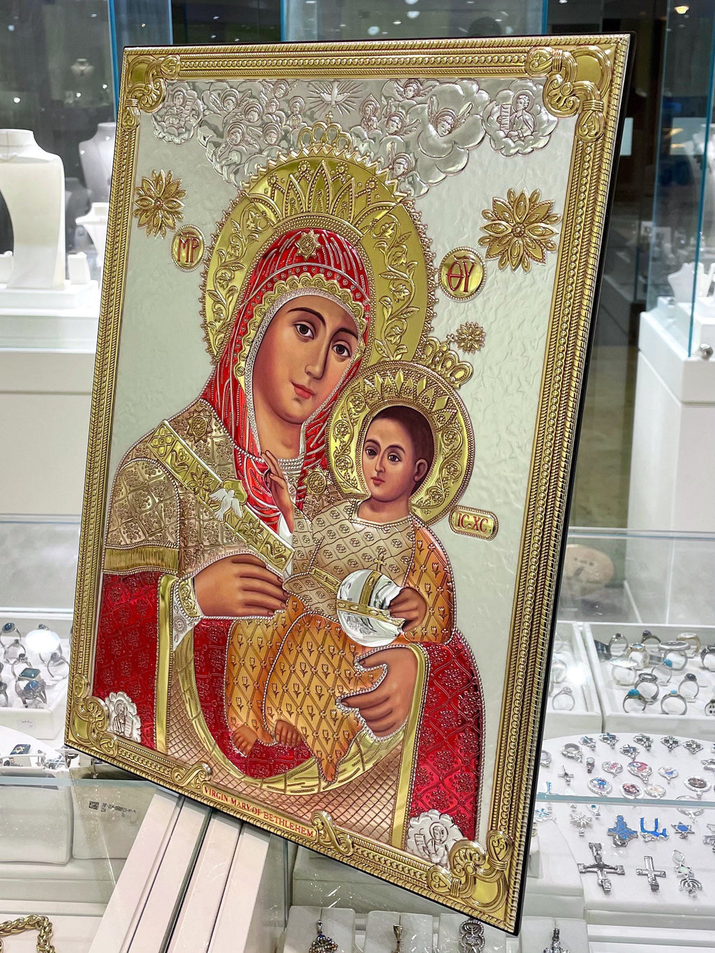 Virgin Mary of Bethlehem Icon – Silver 925, Gold, and Red Enamel