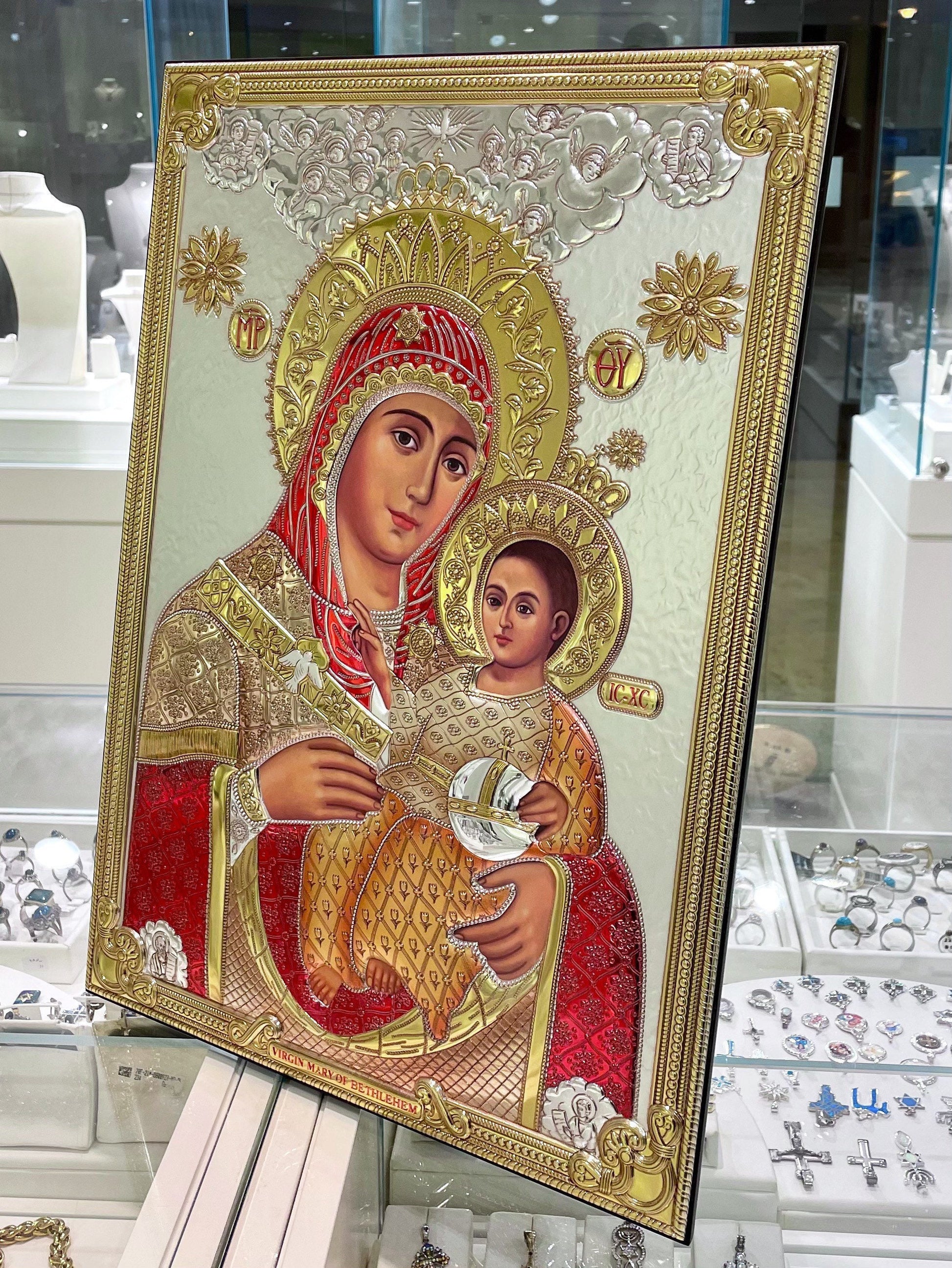 Virgin Mary of Bethlehem Icon – Silver 925, Gold, and Red Enamel