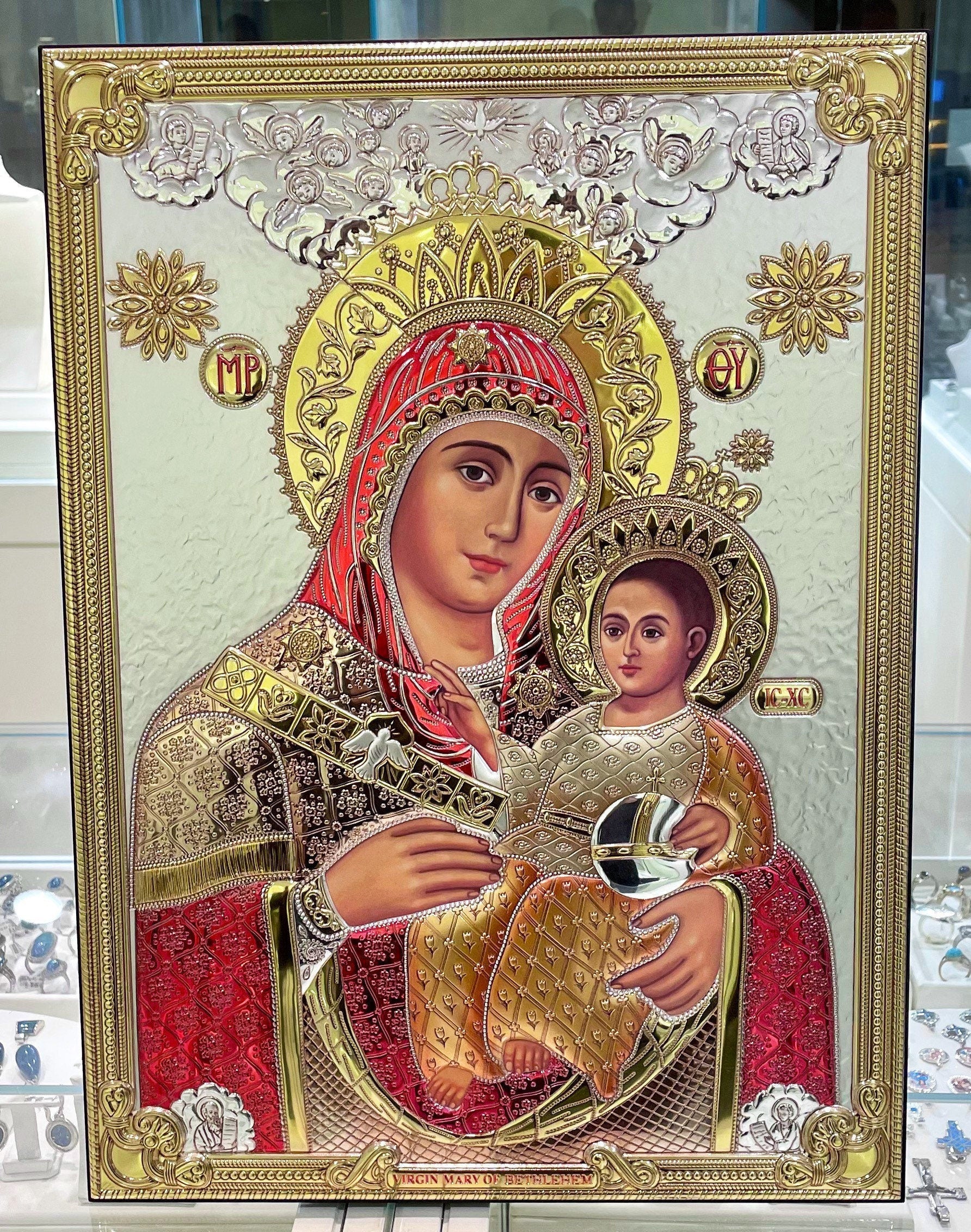 Virgin Mary of Bethlehem Icon – Silver 925, Gold, and Red Enamel