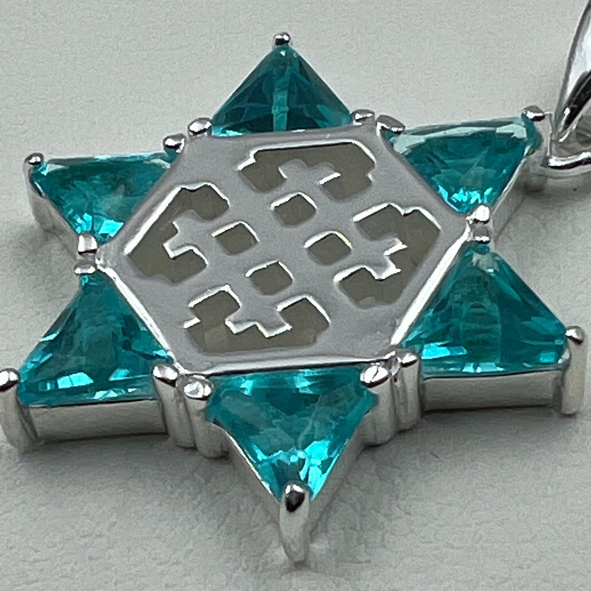 Aquamarine Star of David and Jerusalem Cross Pendant in Sterling Silver