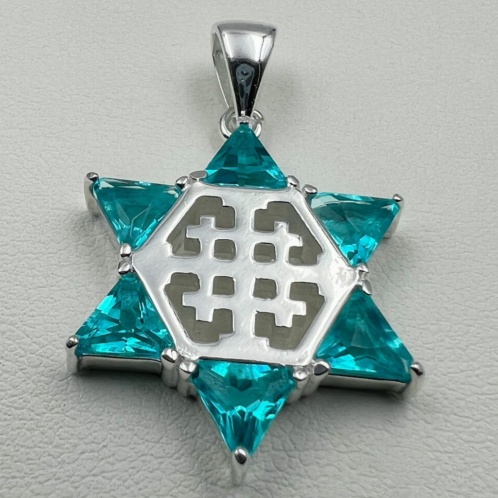 Aquamarine Star of David and Jerusalem Cross Pendant in Sterling Silver