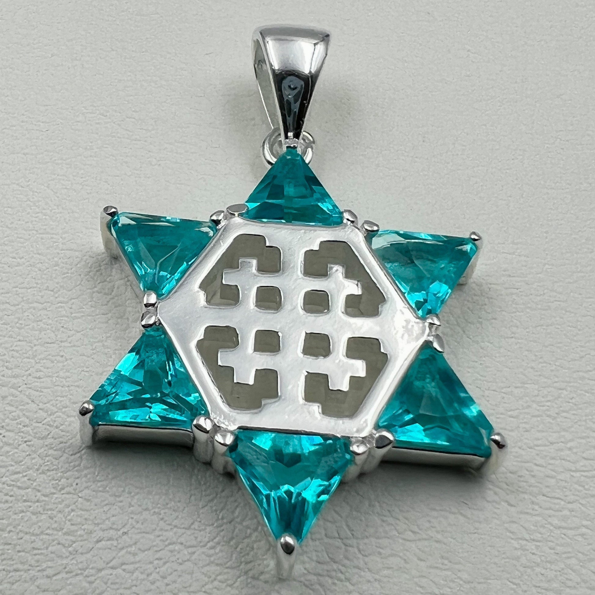 Aquamarine Star of David and Jerusalem Cross Pendant in Sterling Silver