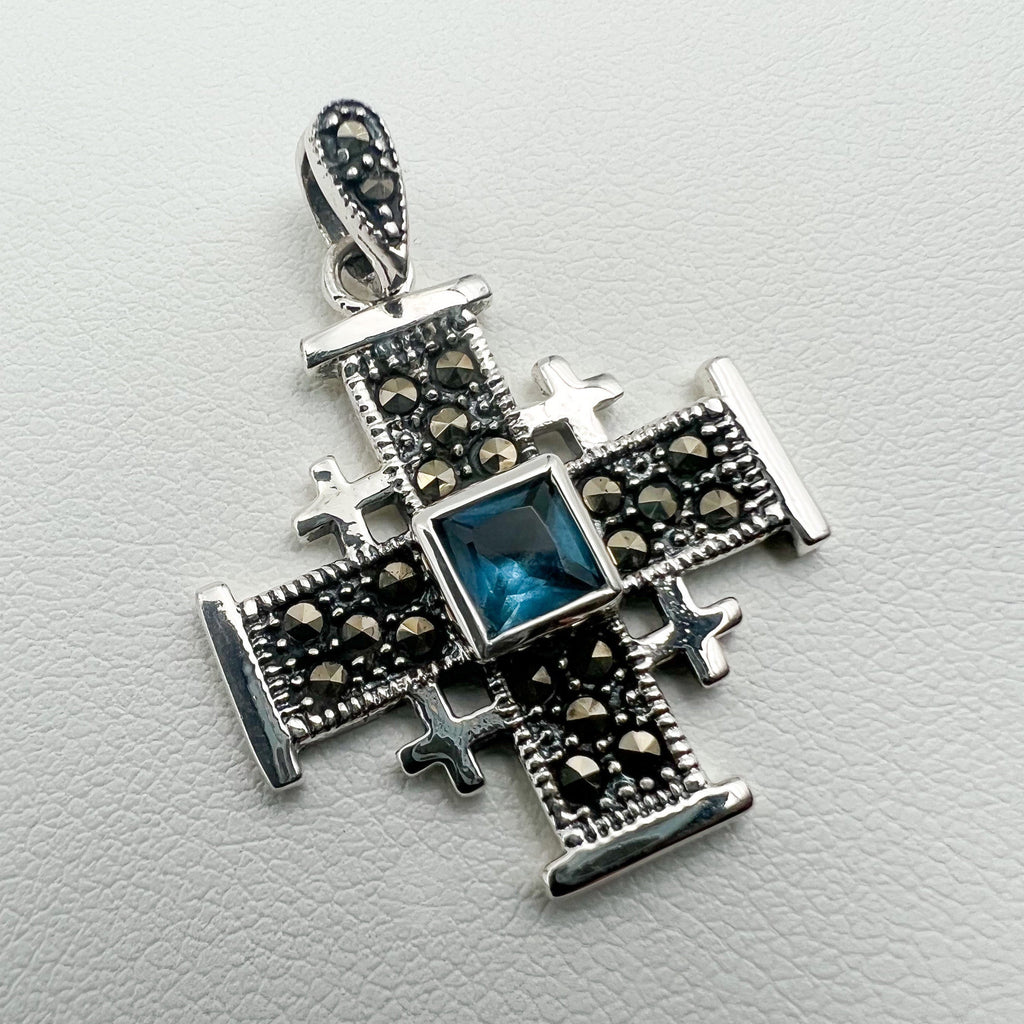 Jerusalem Cross with Aquamarine & Marcasite stones in silver 925