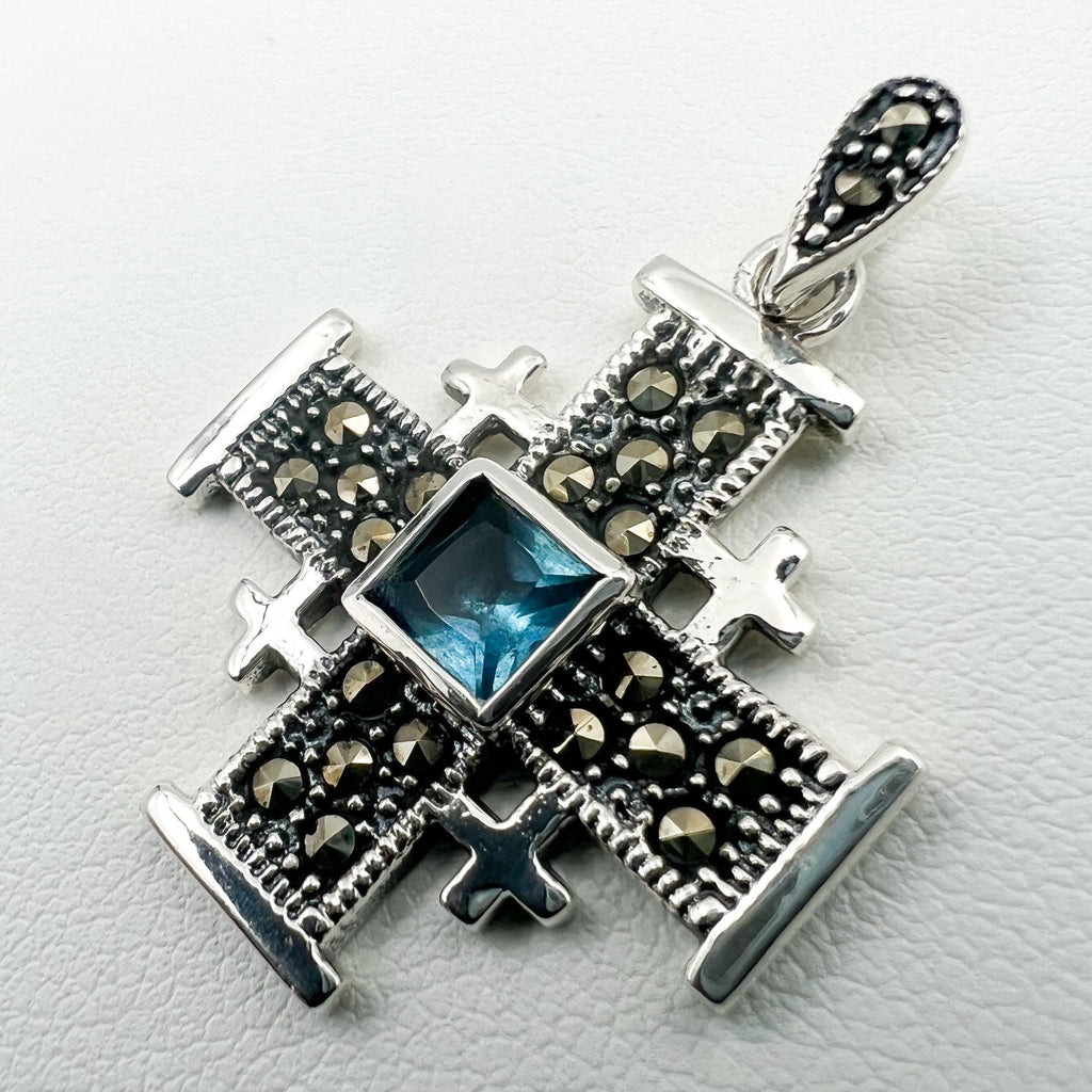 Jerusalem Cross with Aquamarine & Marcasite stones in silver 925