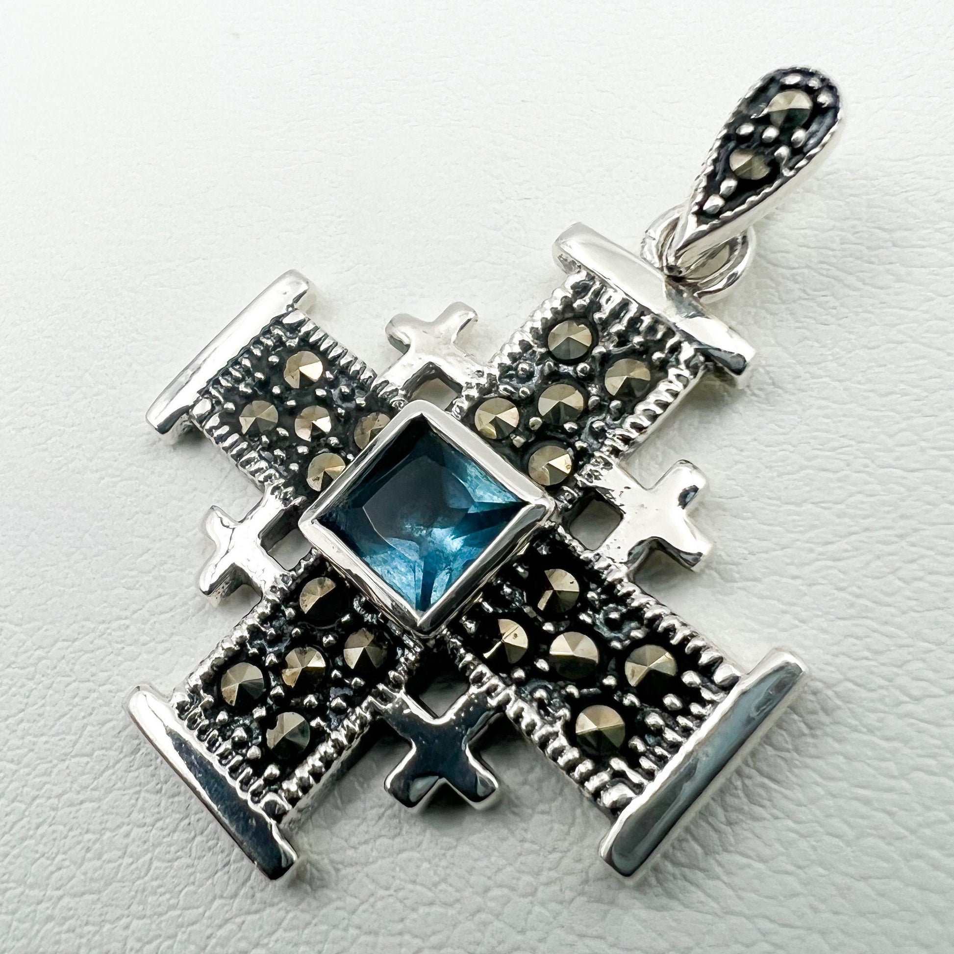 Jerusalem Cross with Aquamarine & Marcasite stones in silver 925