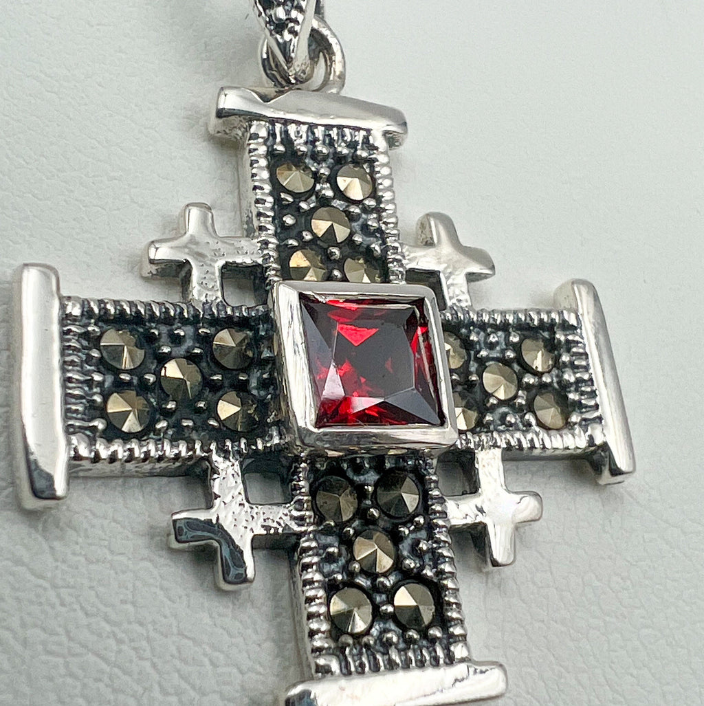 Garnet and Marcasite Jerusalem Cross Pendant in Silver 925