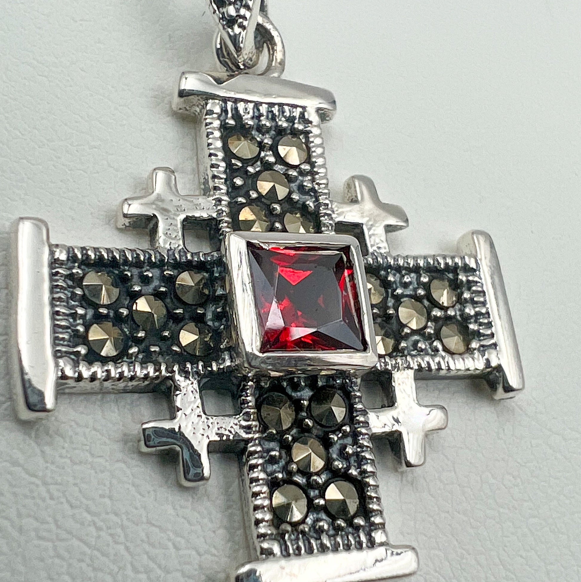 Garnet and Marcasite Jerusalem Cross Pendant in Silver 925