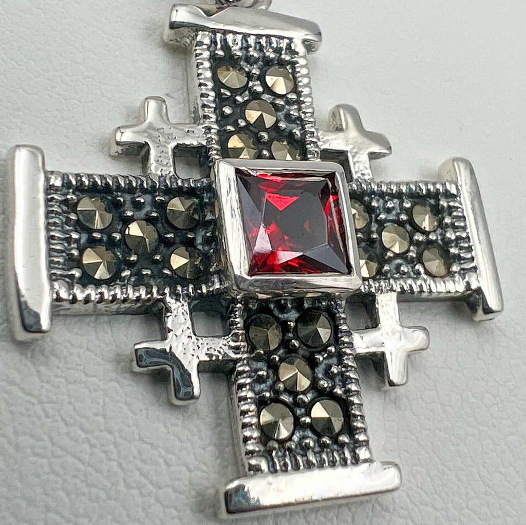 Garnet and Marcasite Jerusalem Cross Pendant in Silver 925