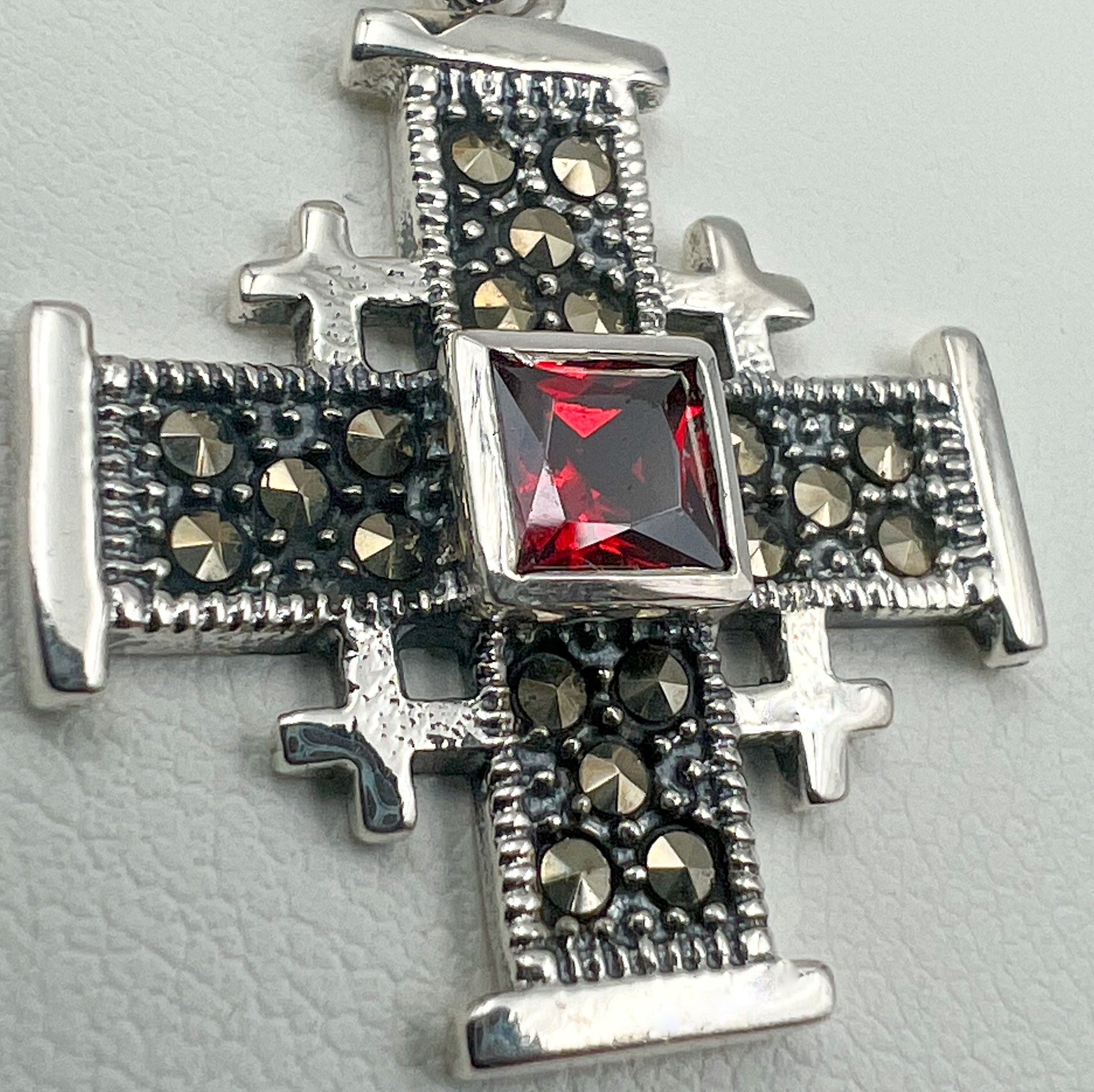 Garnet and Marcasite Jerusalem Cross Pendant in Silver 925