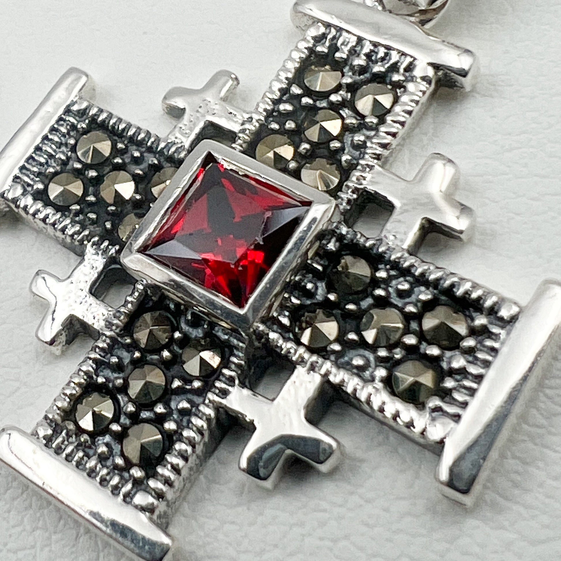 Garnet and Marcasite Jerusalem Cross Pendant in Silver 925