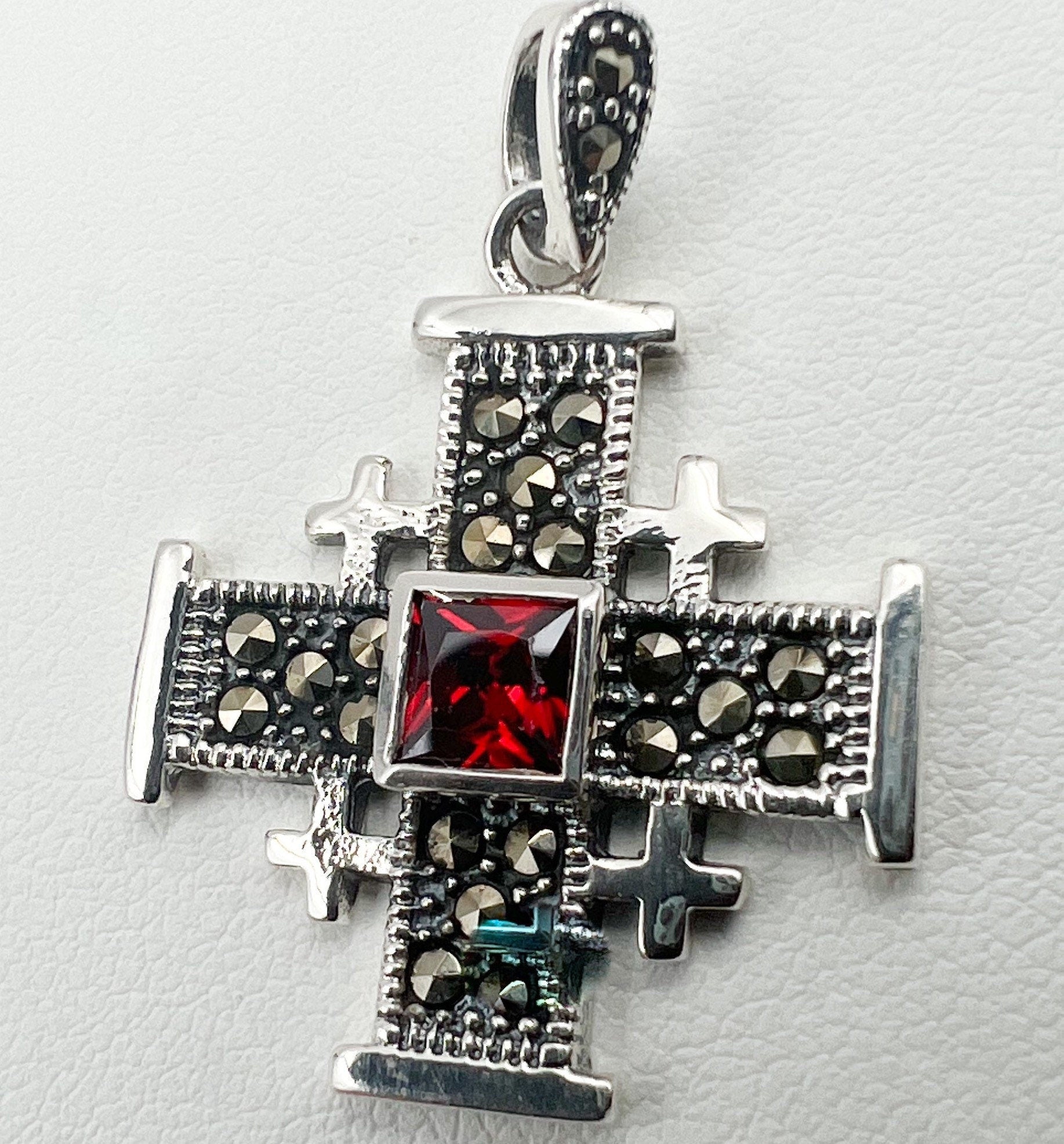 Garnet and Marcasite Jerusalem Cross Pendant in Silver 925