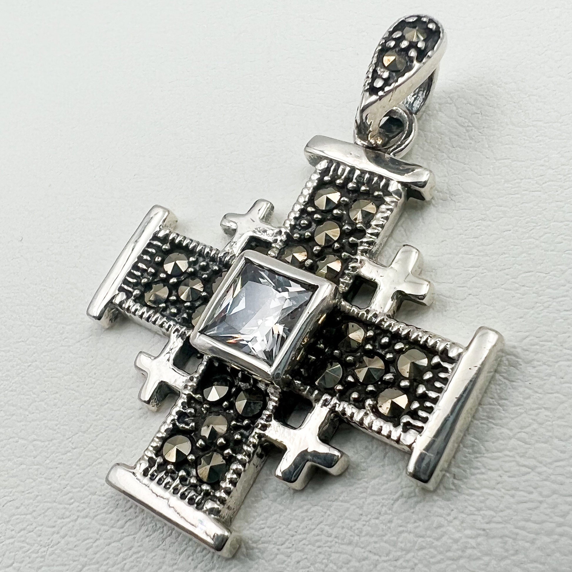Jerusalem Cross Pendant with Zirconia and Marcasite Stones