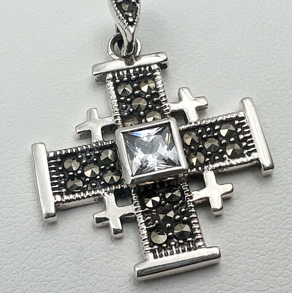 Jerusalem Cross Pendant with Zirconia and Marcasite Stones