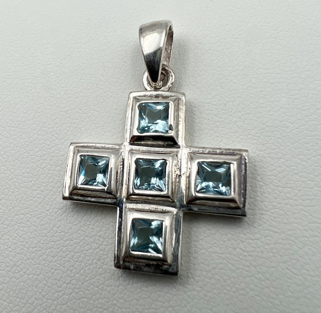 Sacred Serenity Cross Pendant in Sterling Silver with Aquamarine Sparkle