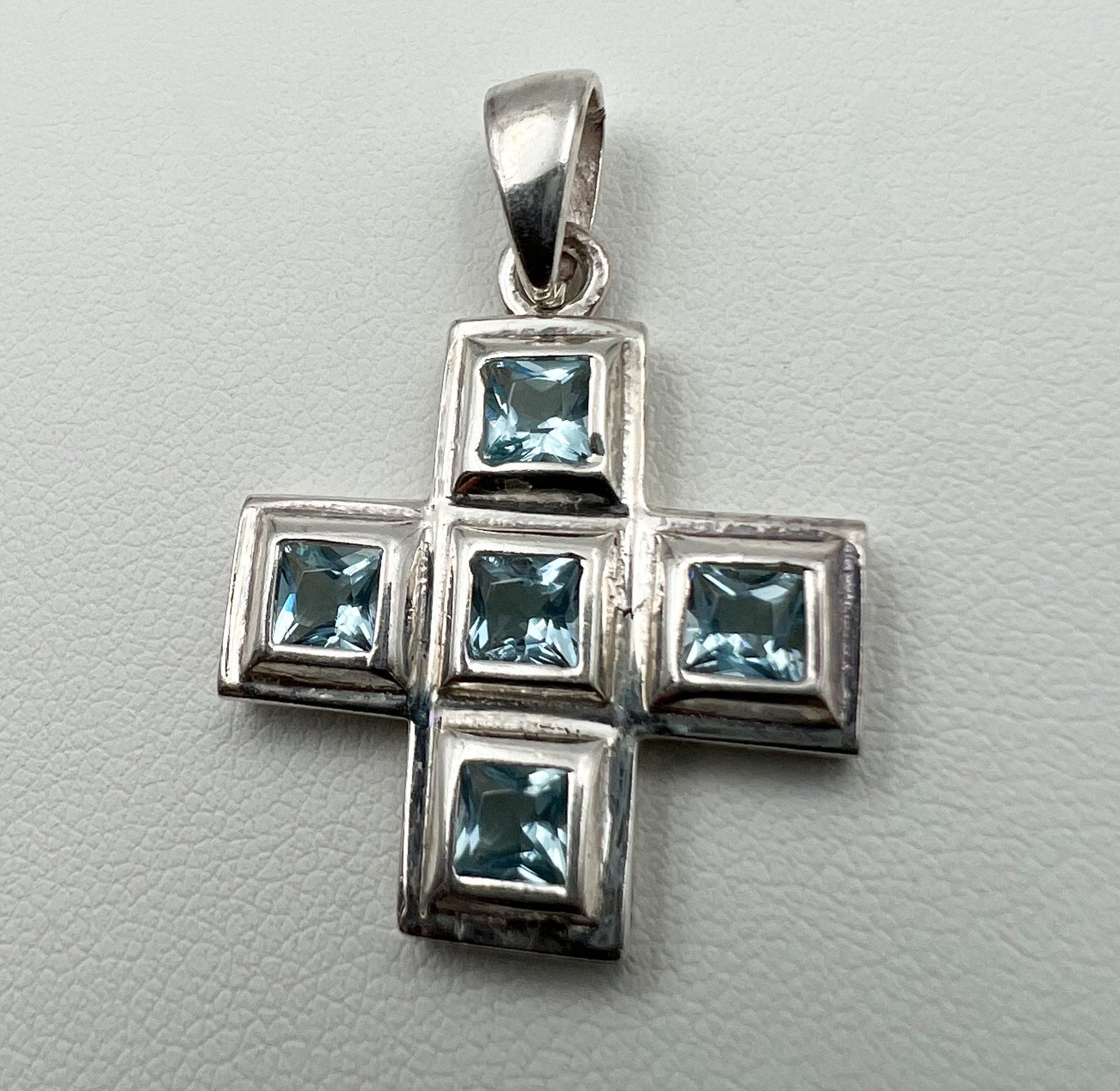 Sacred Serenity Cross Pendant in Sterling Silver with Aquamarine Sparkle