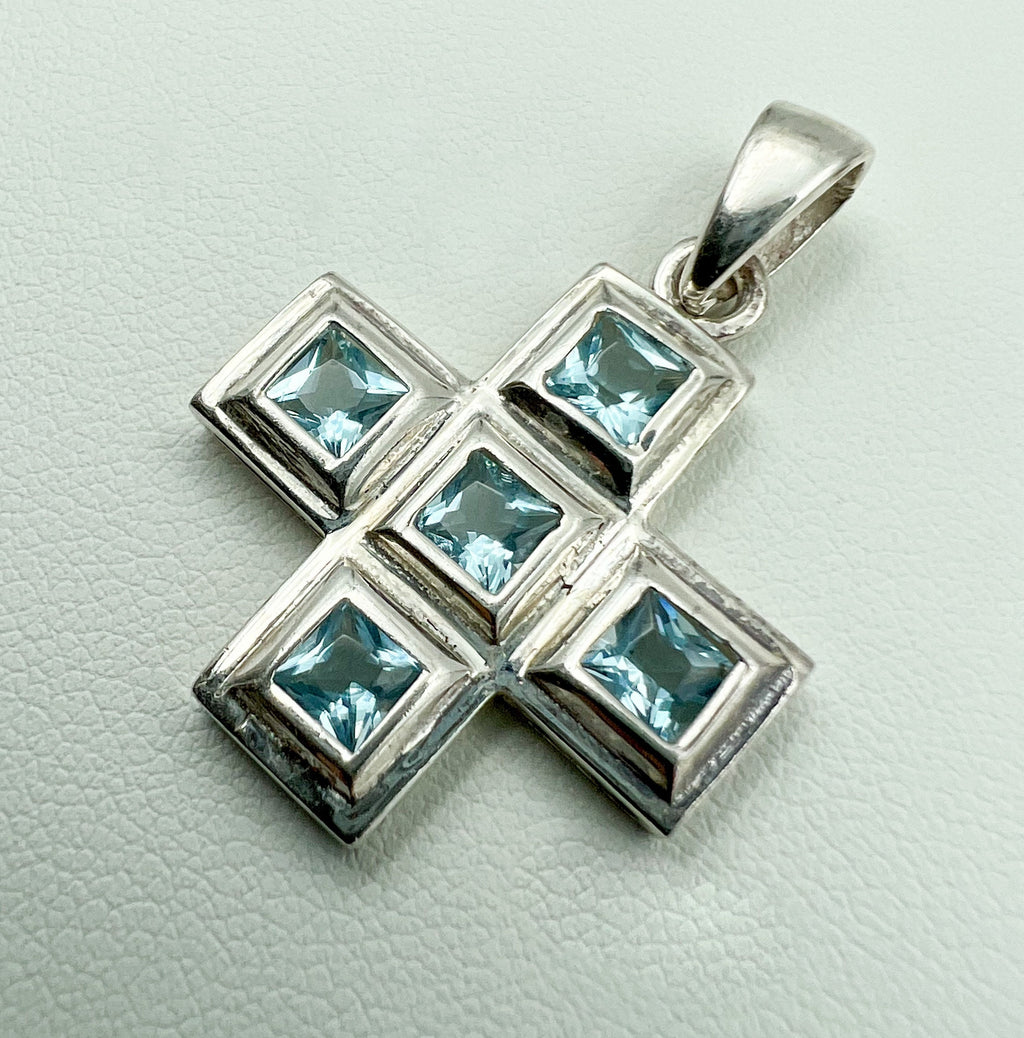 Sacred Serenity Cross Pendant in Sterling Silver with Aquamarine Sparkle