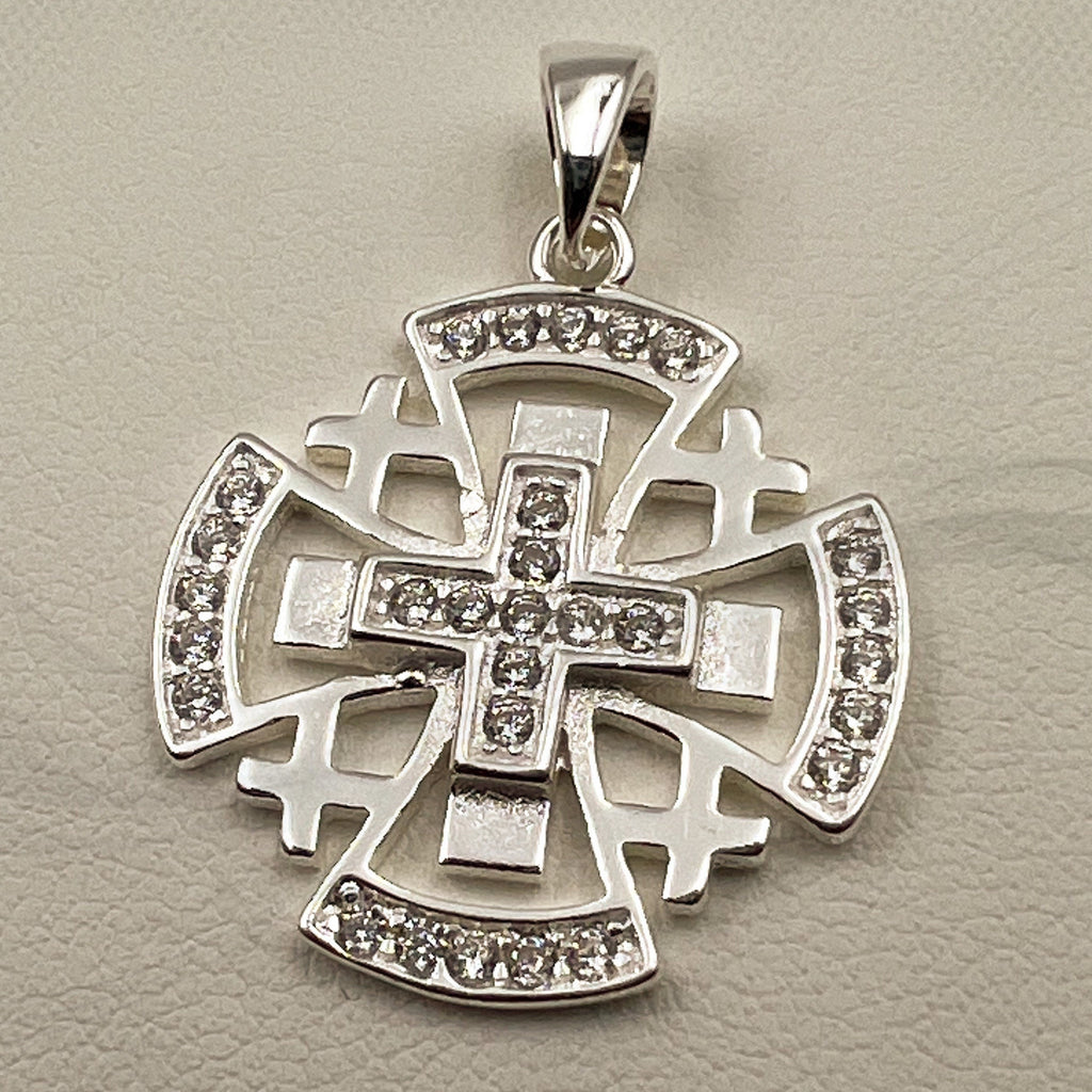 Jerusalem Cross Pendant in Sterling Silver 925 with Sparkling Zircons