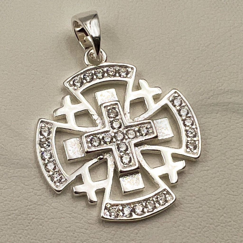 Jerusalem Cross Pendant in Sterling Silver 925 with Sparkling Zircons