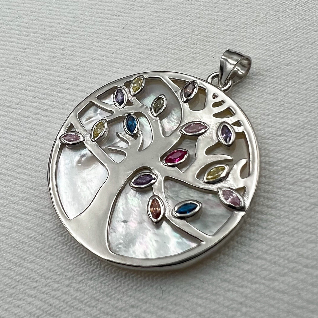 Tree of Life Pendant in Sterling Silver 925 with Mother of Pearl and Colorful Stones