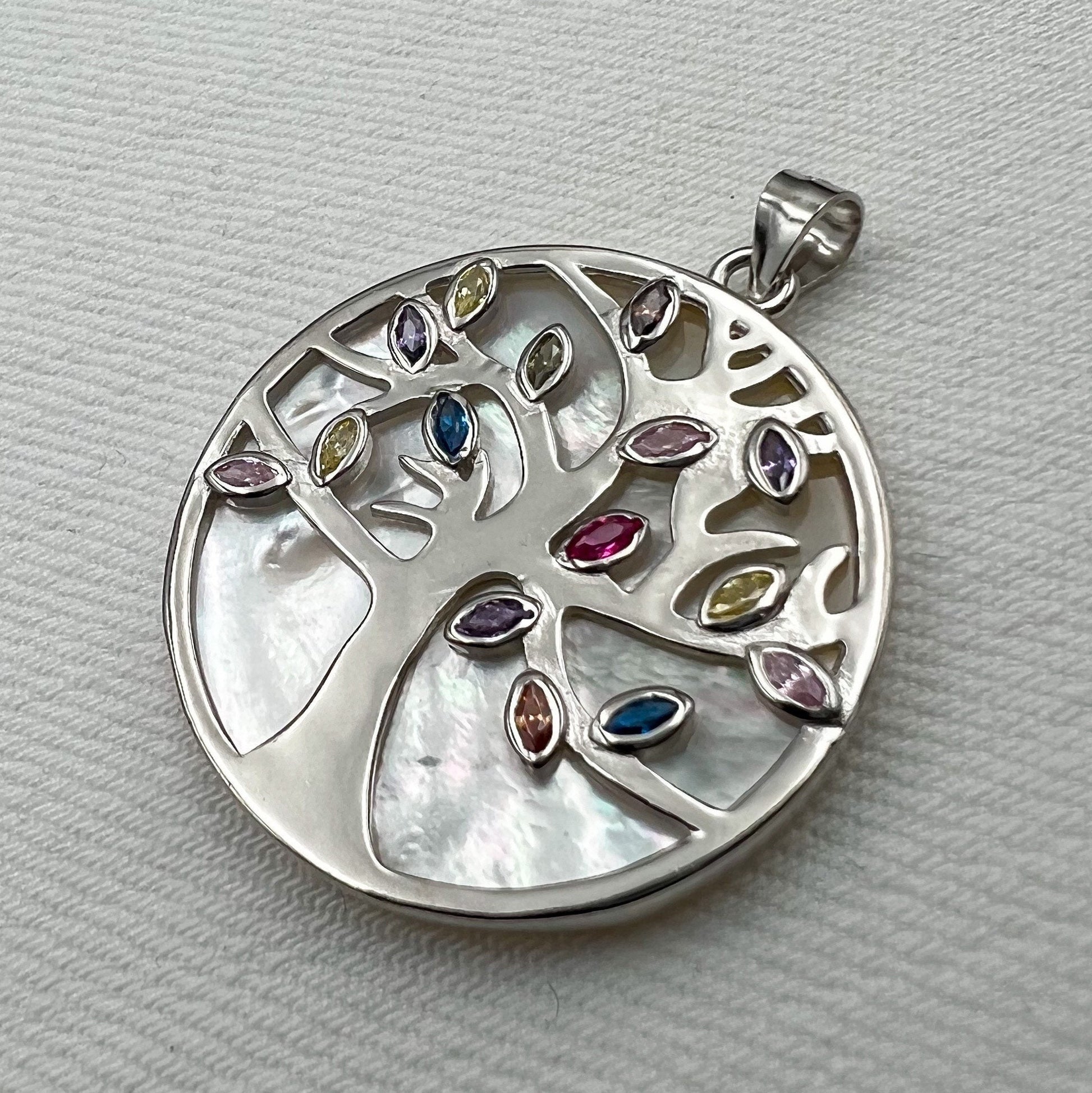 Tree of Life Pendant in Sterling Silver 925 with Mother of Pearl and Colorful Stones