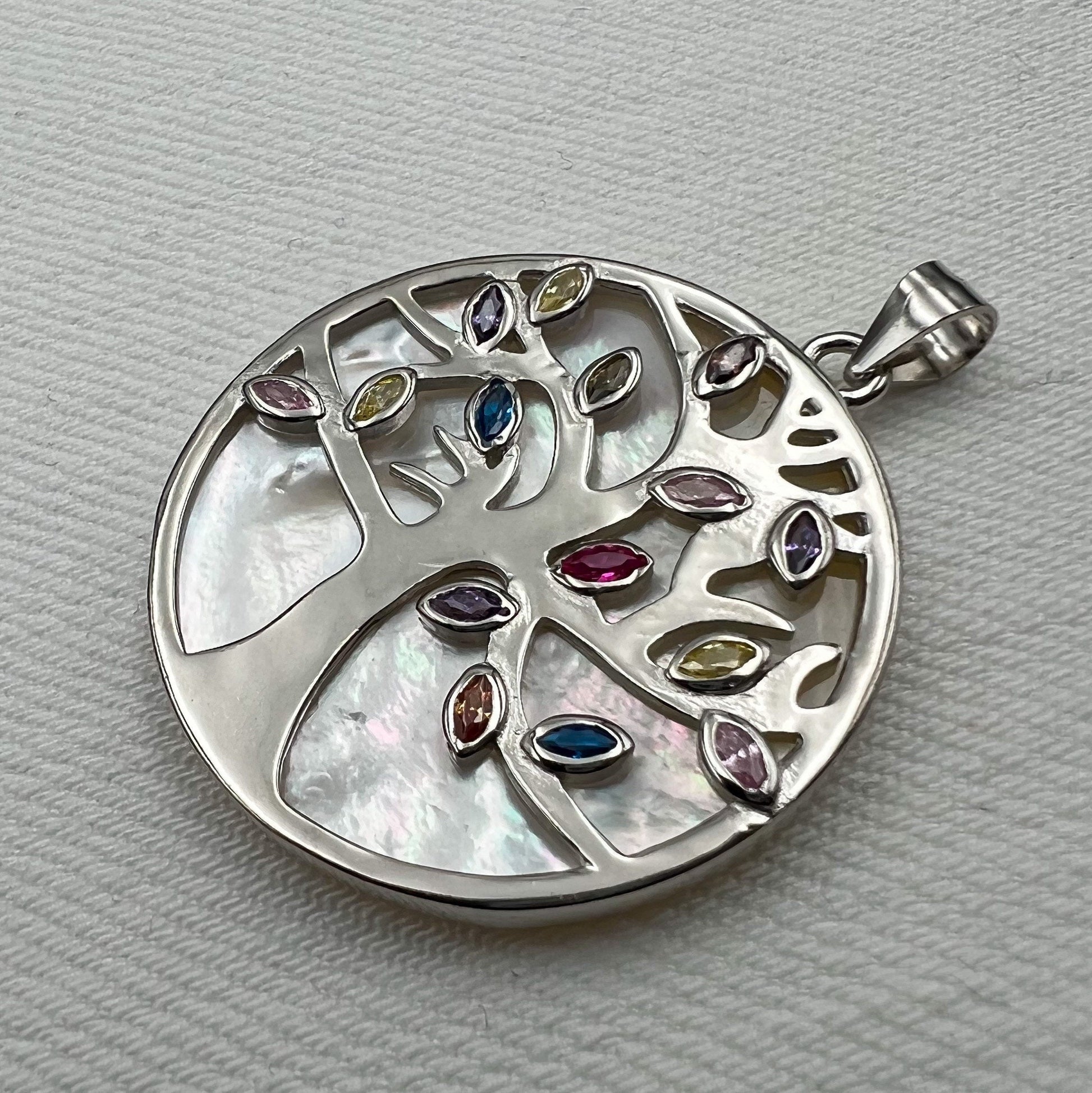 Tree of Life Pendant in Sterling Silver 925 with Mother of Pearl and Colorful Stones