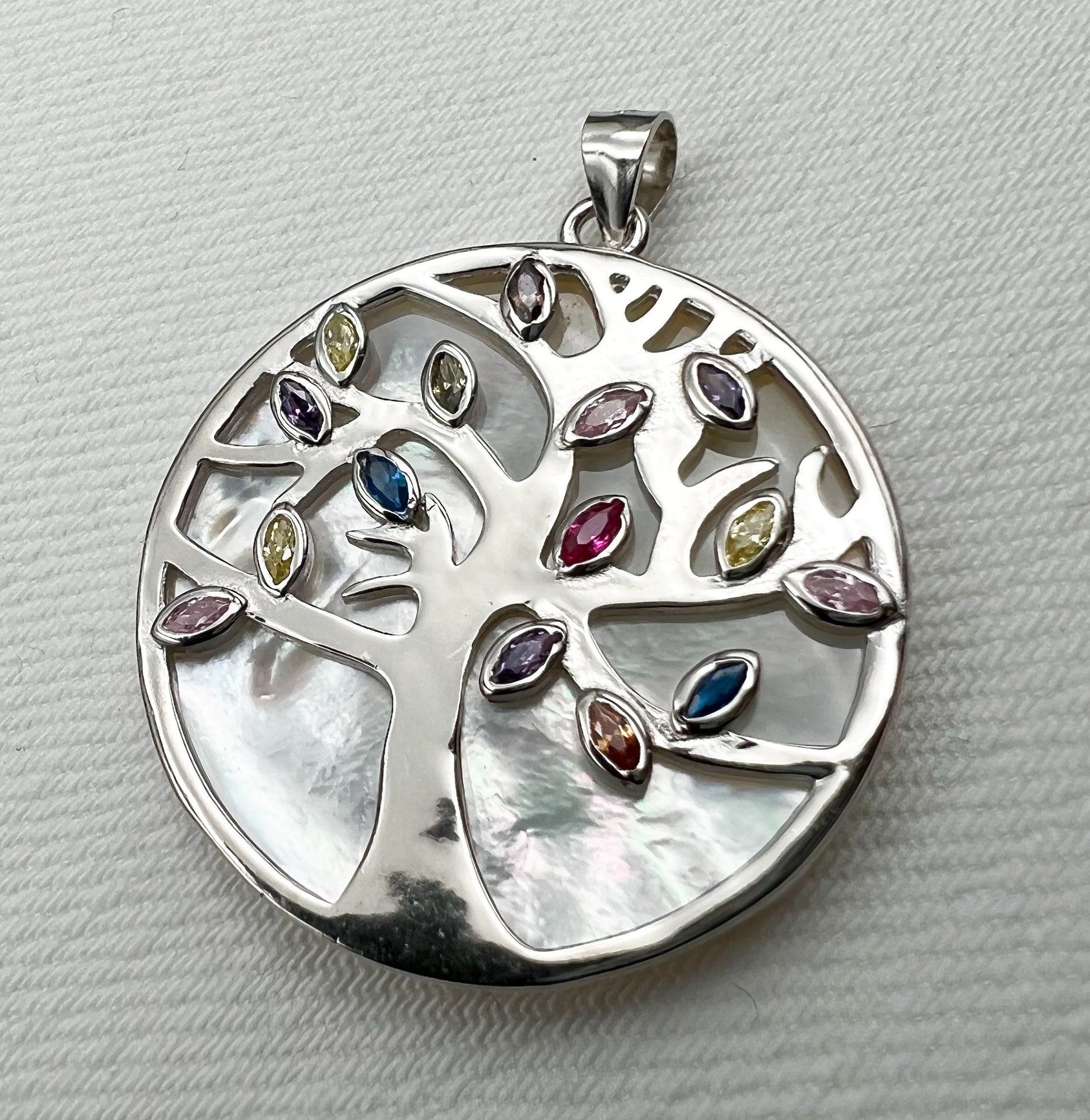 Tree of Life Pendant in Sterling Silver 925 with Mother of Pearl and Colorful Stones