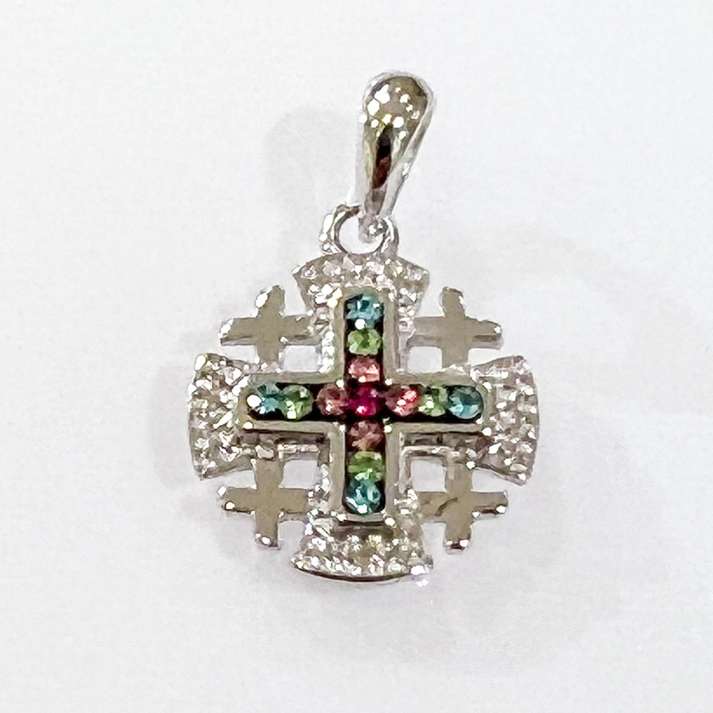Colorful Zircon Jerusalem Cross Pendant in Silver 925