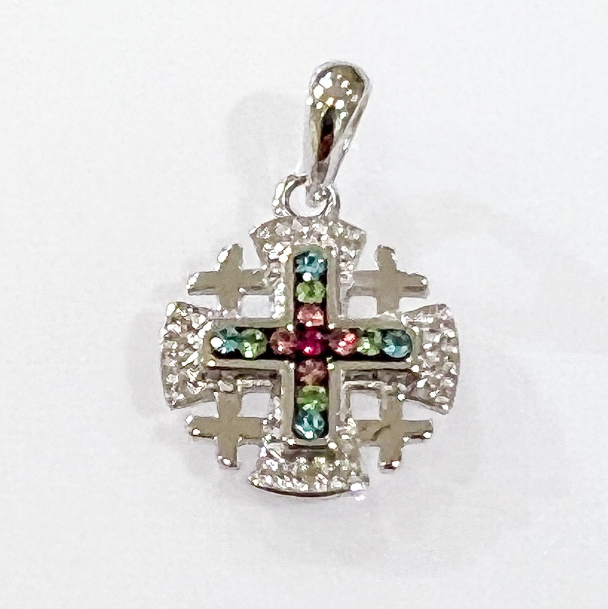 Colorful Zircon Jerusalem Cross Pendant in Silver 925