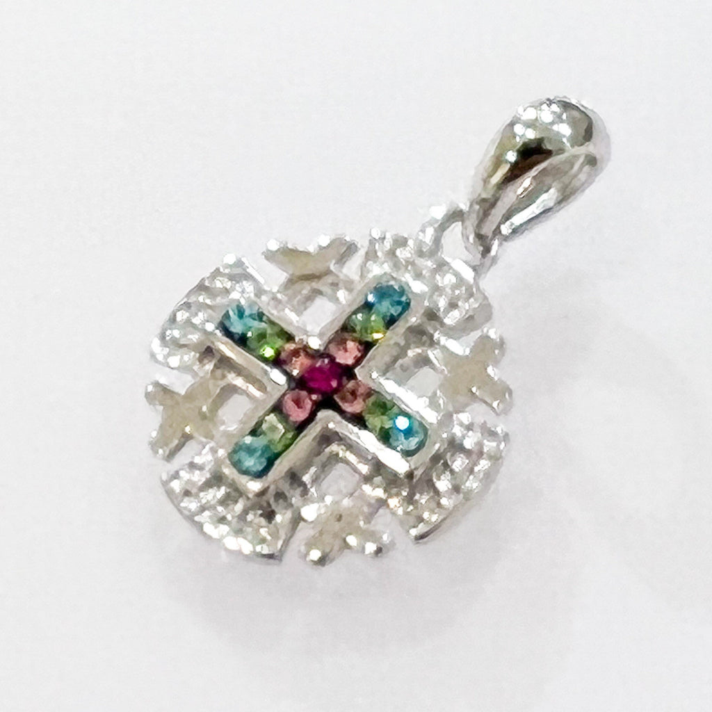 Colorful Zircon Jerusalem Cross Pendant in Silver 925