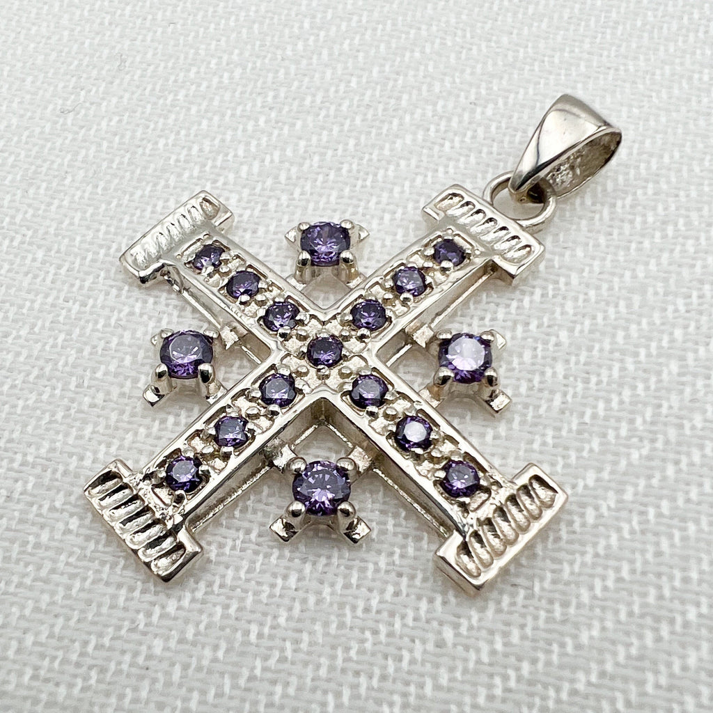 Holy Land Jerusalem Cross in Silver 925 Adorned with Amethyst Gems