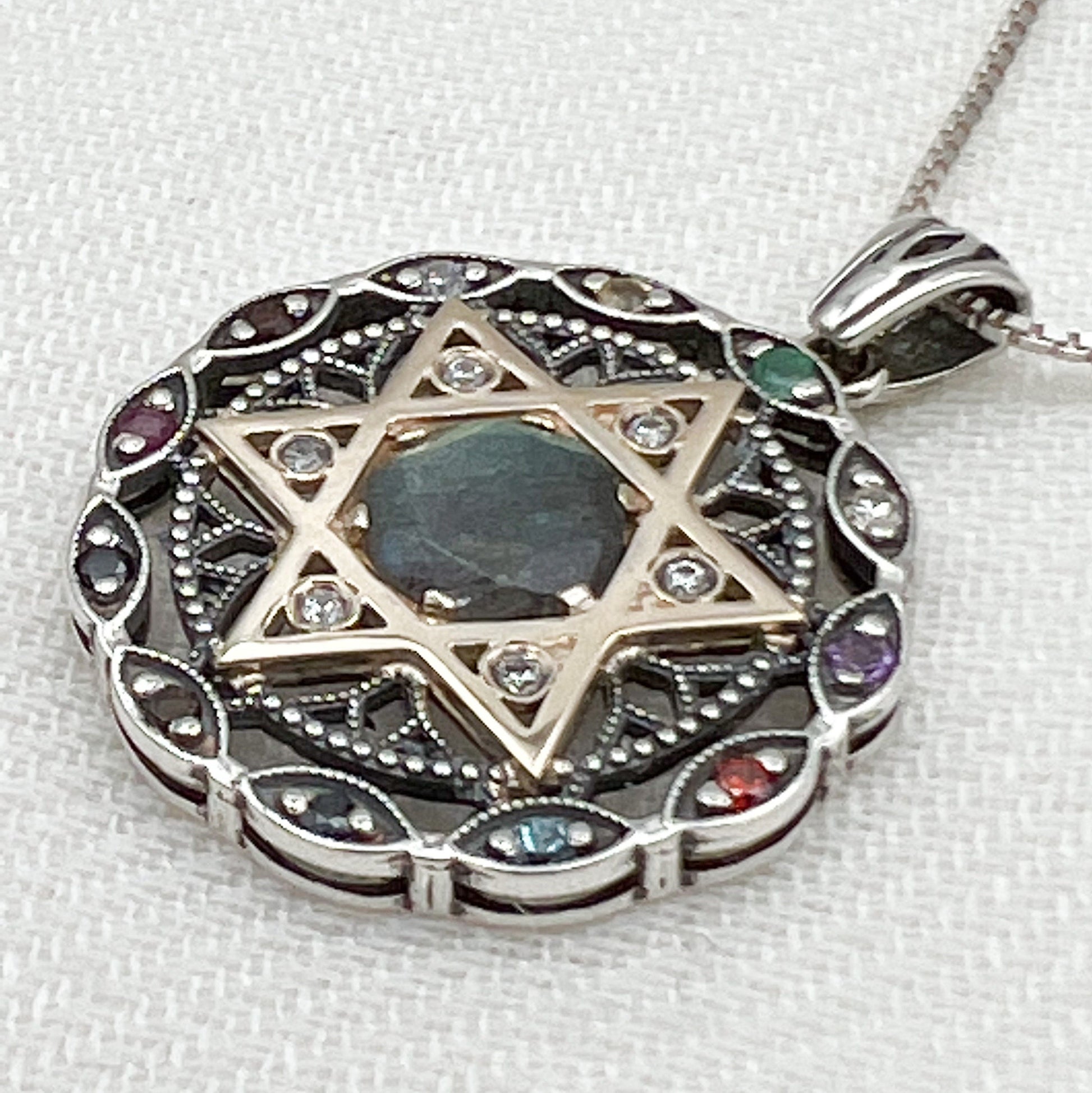Star of David and 12 Hoshen Stones Pendant in Silver 925 - Holy Priest Symbol