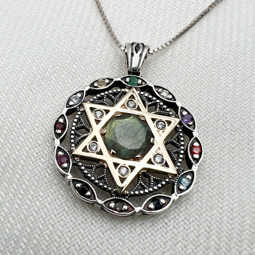 Star of David and 12 Hoshen Stones Pendant in Silver 925 - Holy Priest Symbol