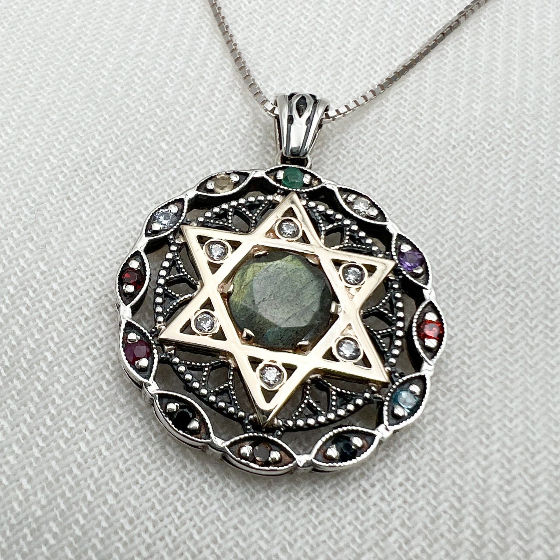 Star of David and 12 Hoshen Stones Pendant in Silver 925 - Holy Priest Symbol