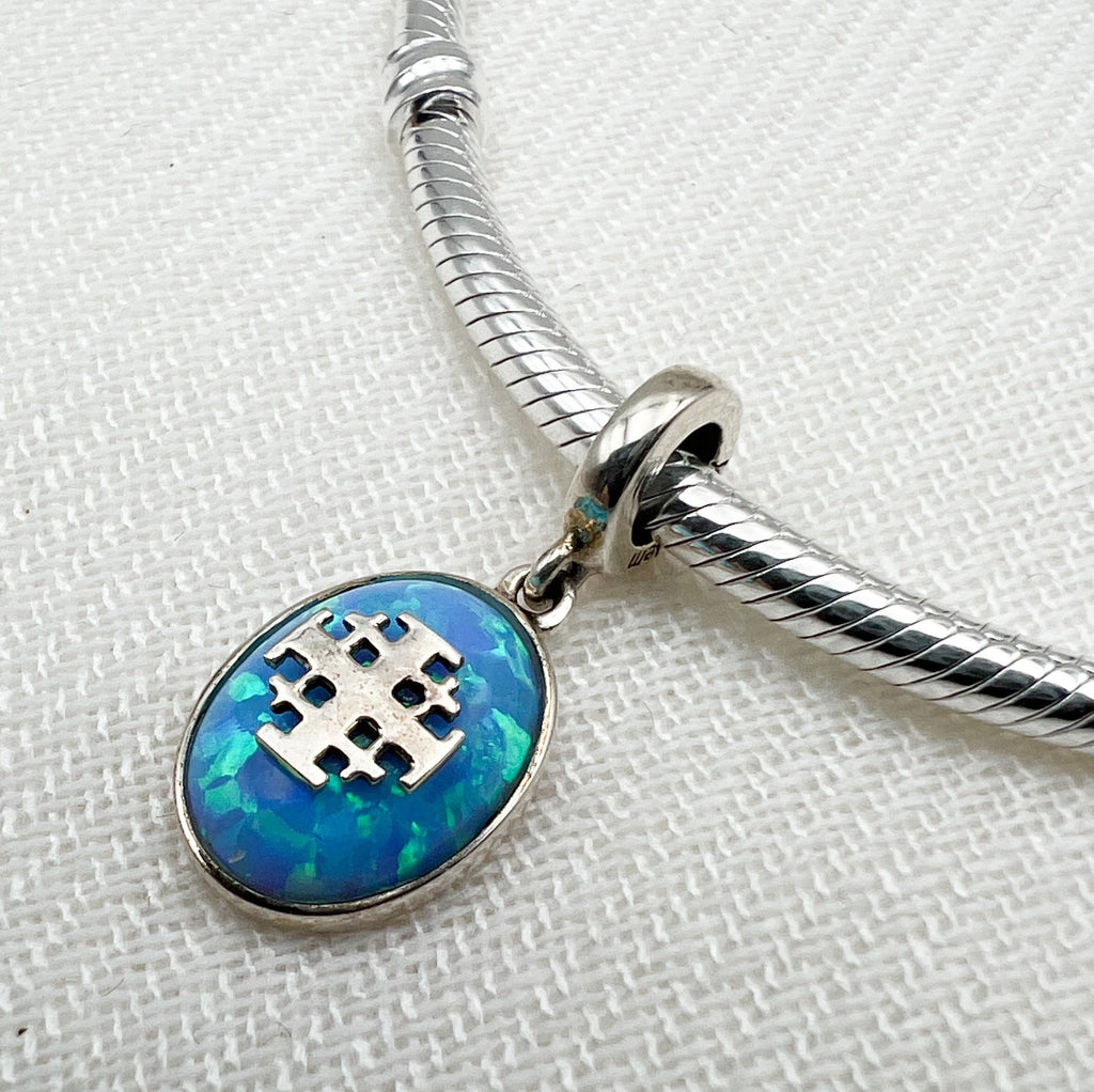 Jerusalem Cross Charm with Opal in Silver 925 - Perfect for Pandora Bracelets