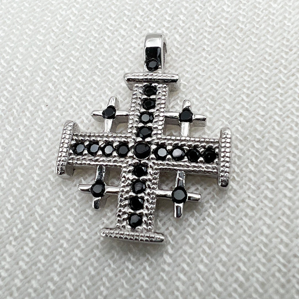Faithful Grace Jerusalem Cross Pendant in Silver 925 with Bold Black Onyx Accent