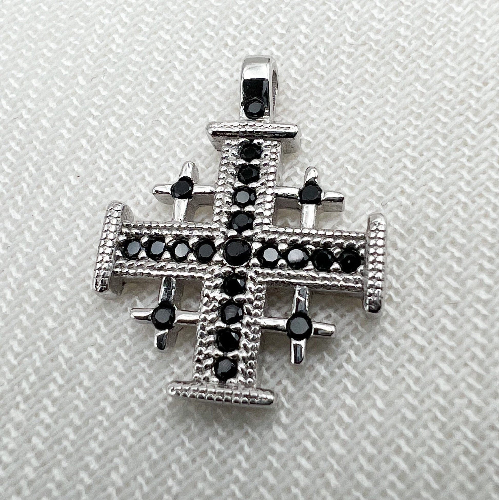 Faithful Grace Jerusalem Cross Pendant in Silver 925 with Bold Black Onyx Accent