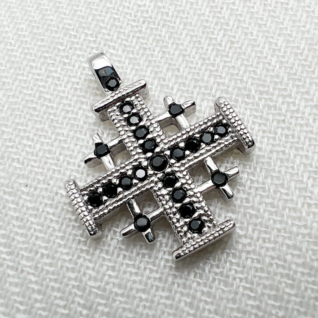 Faithful Grace Jerusalem Cross Pendant in Silver 925 with Bold Black Onyx Accent