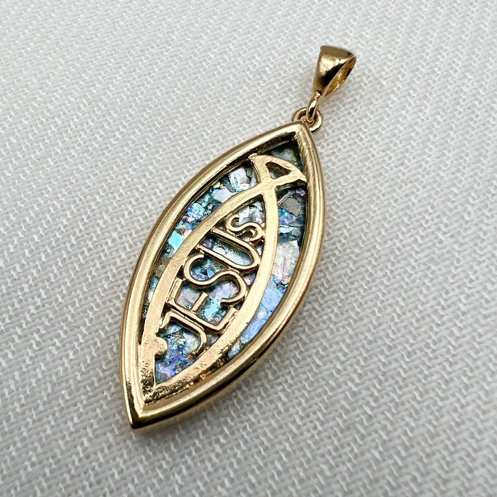 Jesus and The Fish Roman Glass Cross Pendant in Goldfield