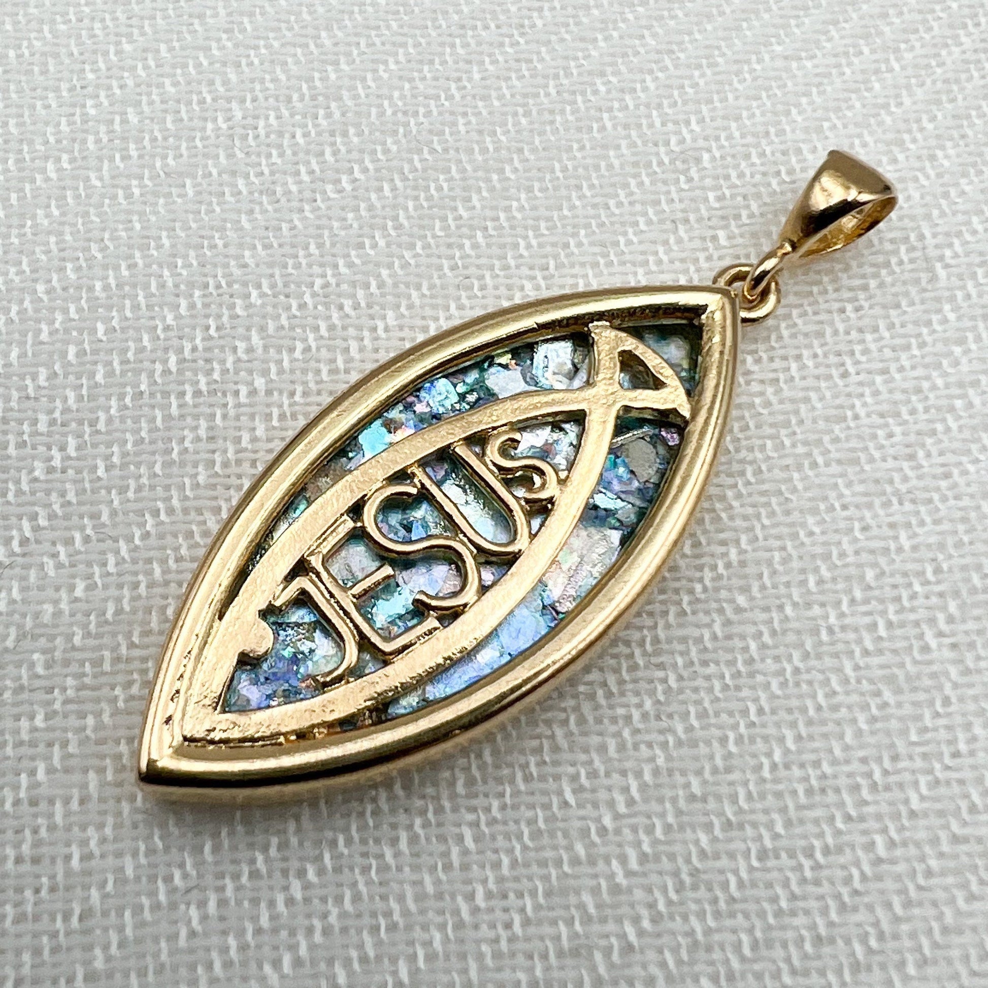 Jesus and The Fish Roman Glass Cross Pendant in Goldfield