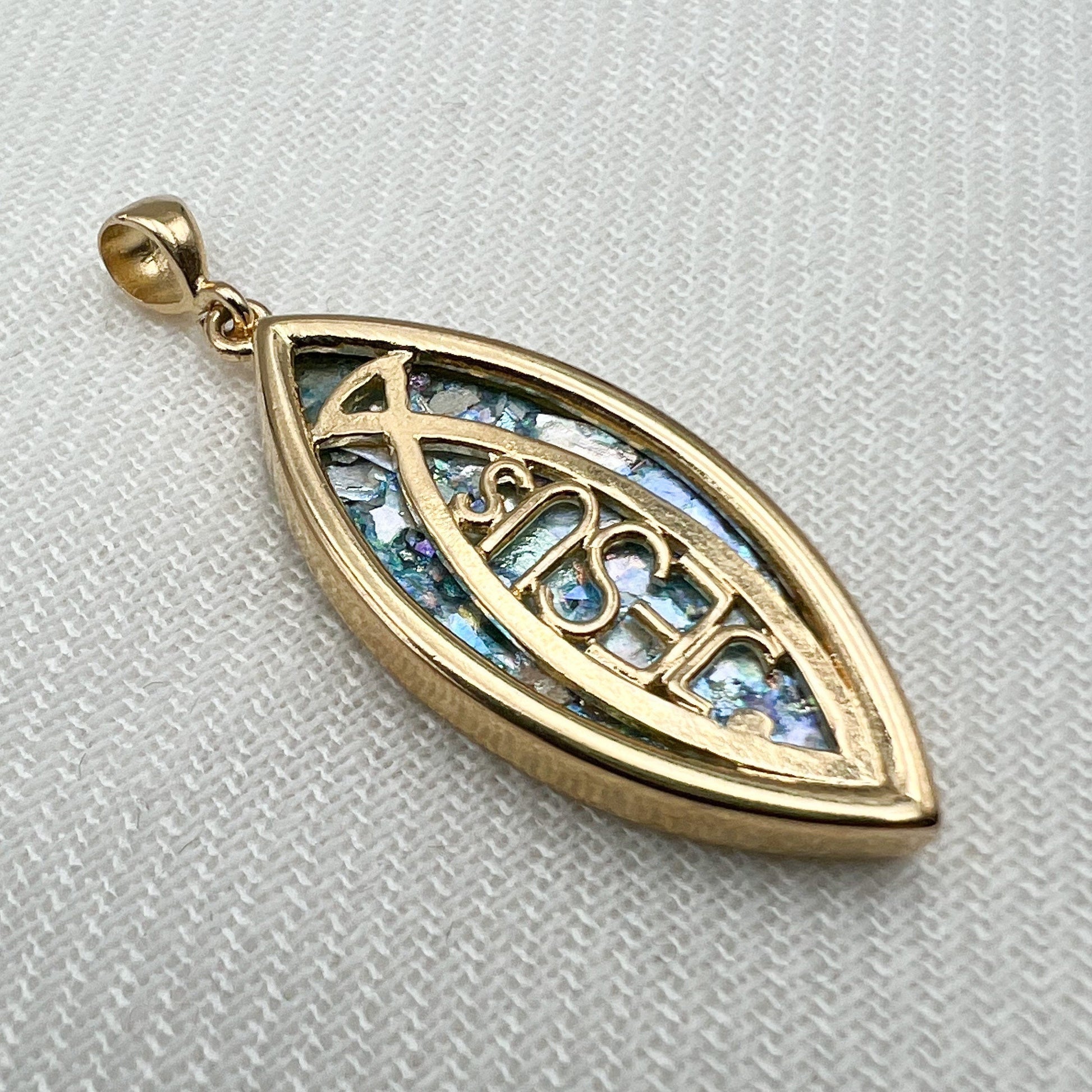 Jesus and The Fish Roman Glass Cross Pendant in Goldfield