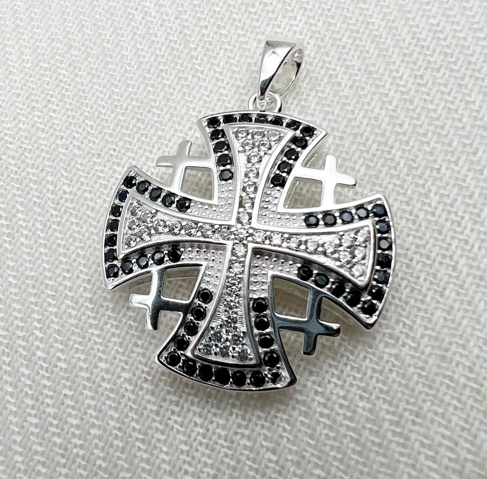 Silver 925 Jerusalem Cross Pendant with White and Black Zircons