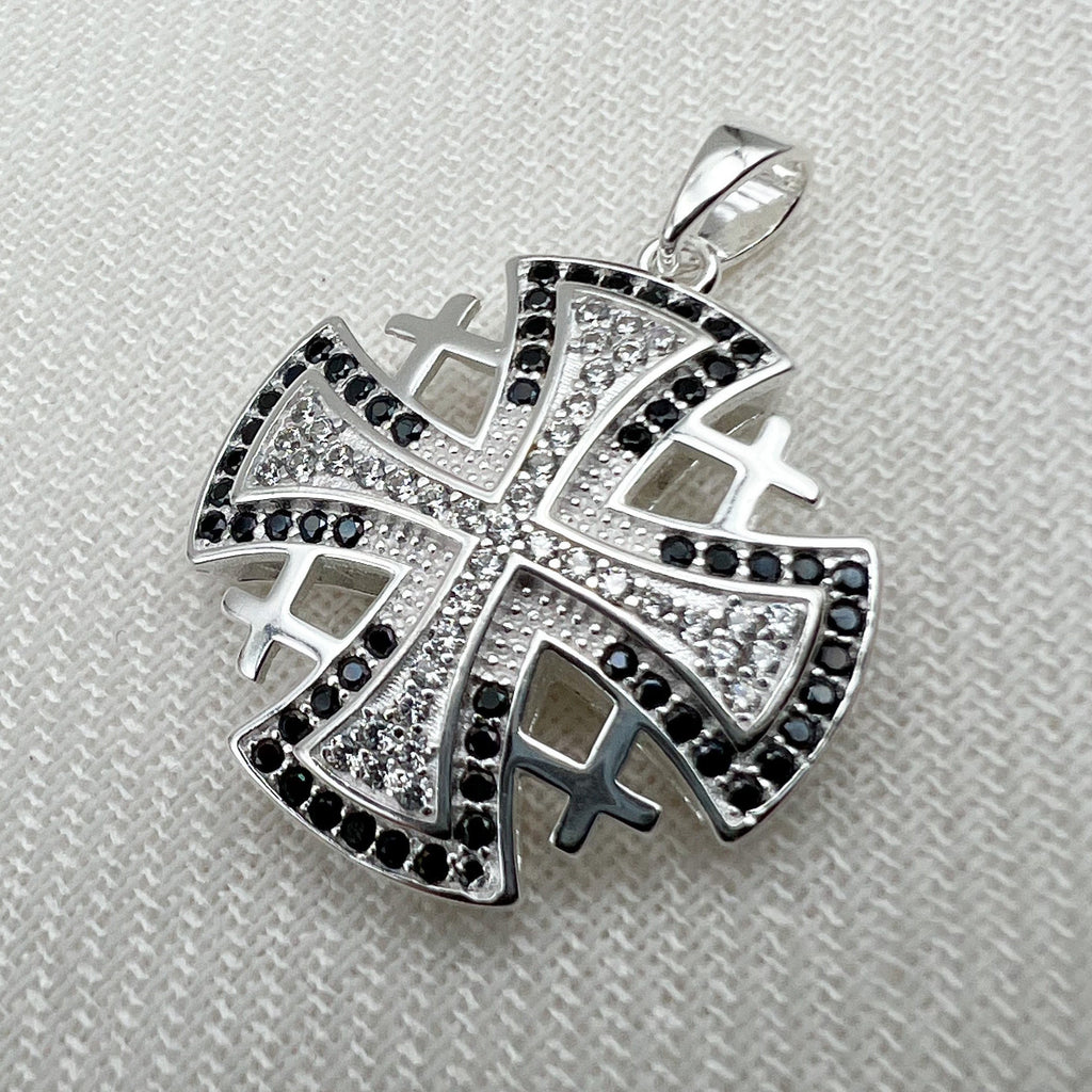 Silver 925 Jerusalem Cross Pendant with White and Black Zircons
