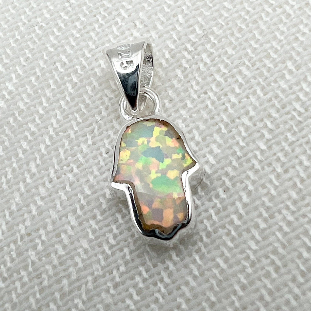 Small Hamsa Pendant with Blue and White Opal in Sterling Silver 925