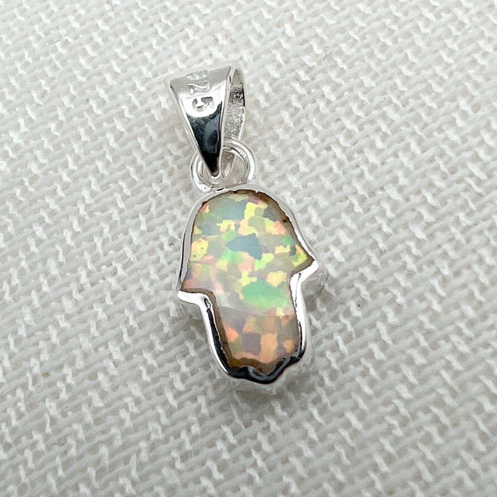 Small Hamsa Pendant with Blue and White Opal in Sterling Silver 925